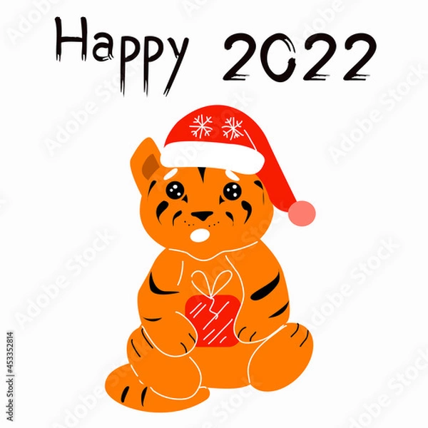 Fototapeta Tiger in a hat and the inscription Happy 2022