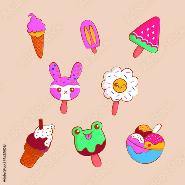 Fototapeta Set of sticker pictures with cute sweet ice cream chocolate and fruit color