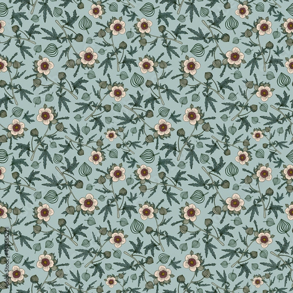 Fototapeta Seamless botanical pastel blue pattern with hibiscus flowers
