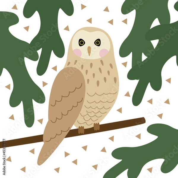 Fototapeta A cute beige owl sits on a branch in the forest. Vector illustration.