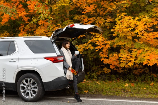 Obraz Beautiful lady in grey coat and beige scarf sitting in open car trunk and drink tea or coffee. Autumn nature on background, colorful maple leaves. Adventure road trip. Traveller lifestyle.