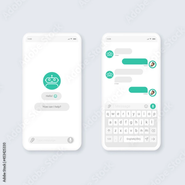 Fototapeta Chat bot mobile application dialog box template concept. UI UX elements for web design.