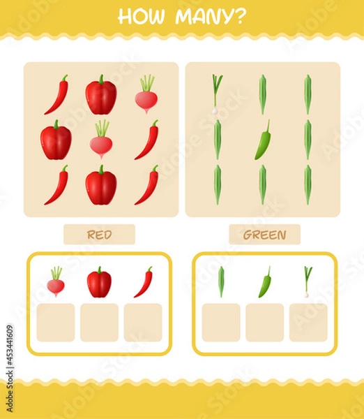 Fototapeta How many cartoon vegetables. Counting game. Educational game for pre shool years kids and toddlers
