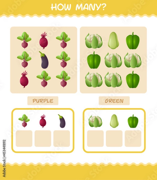 Fototapeta How many cartoon vegetables. Counting game. Educational game for pre shool years kids and toddlers