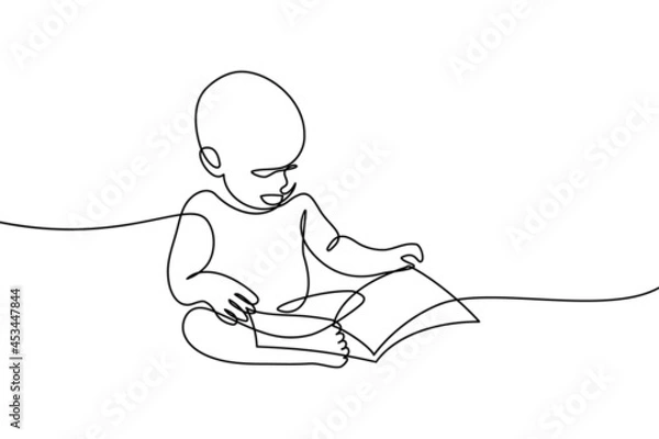 Fototapeta Baby with a book in continuous line art drawing style. Young child sitting and turning pages of a board book. Early reading. Black linear sketch isolated on white background. Vector illustration