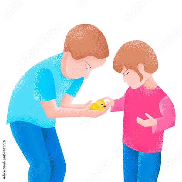 Obraz Taking care of animals. Contact zoo. Parents teach respect for animals. The older brother shows the little sister a little chick. 