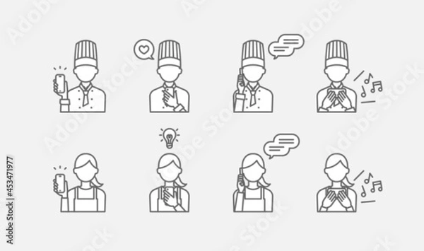 Fototapeta シェフとエプロン姿の女性がスマートフォンを使用している線画イラストセット