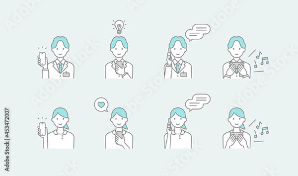 Obraz 医師・薬剤師と看護師がスマートフォンを使用している線画イラストセット