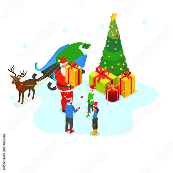 Fototapeta Santa Claus handing gifts to children 3d isometric vector illustration concept for banner, website, landing page, ads, flyer
