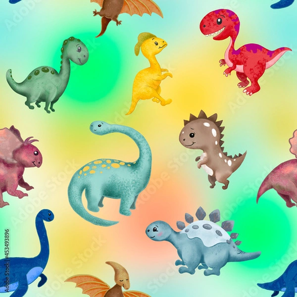 Fototapeta Kids seamless pattern with palm tree and dinosaur footprints. Cute children background. Kids print for fabric and textile. Nursery wallpaper