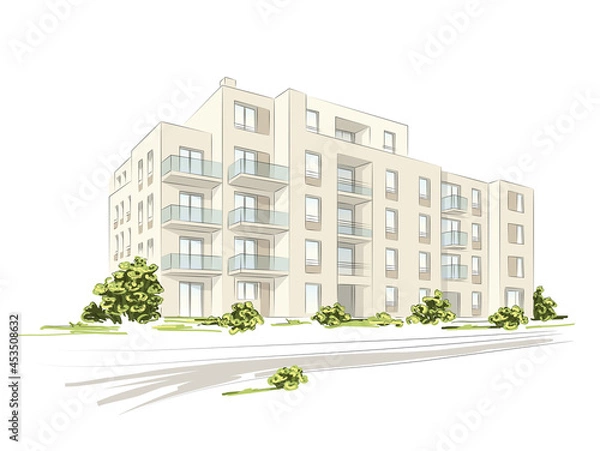 Obraz Vector linear project of block of flats. Architectural concept sketch of modern house.