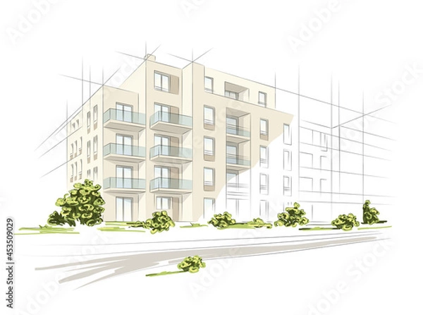 Fototapeta Vector linear project of block of flats. Architectural concept sketch of modern house.