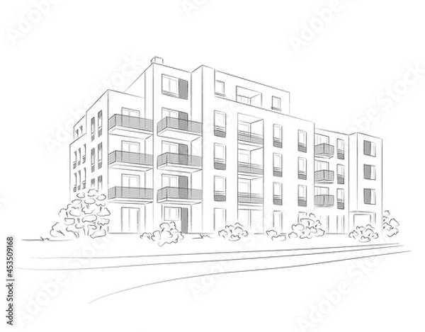 Obraz Vector linear project of block of flats. Architectural concept sketch of modern house.