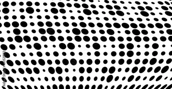 Fototapeta Vector modern optical texture of pop art. Abstract halftone wave dotted background. Futuristic twisted grunge pattern, dots, circles