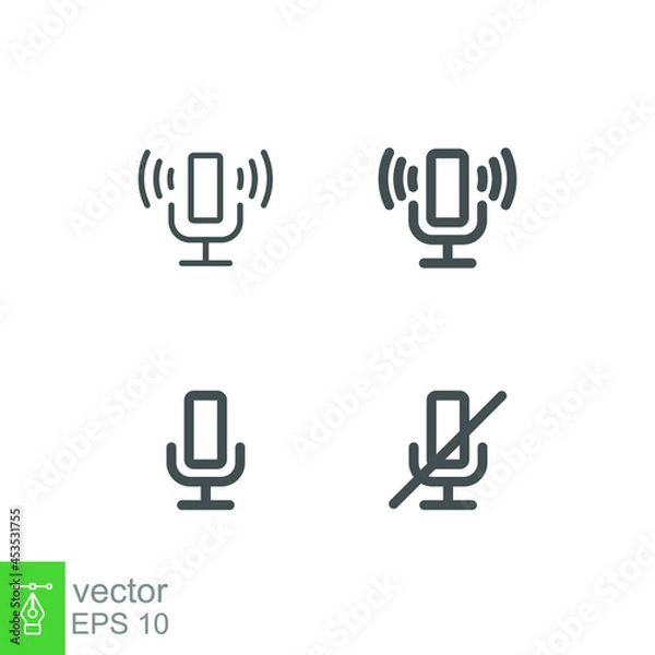 Fototapeta Microphone in trendy style. Record, recording Studio Symbol. Retro standing mic in mute and unmute, speaker close up for podcast equipment . Vector illustration. Design on white background. EPS 10