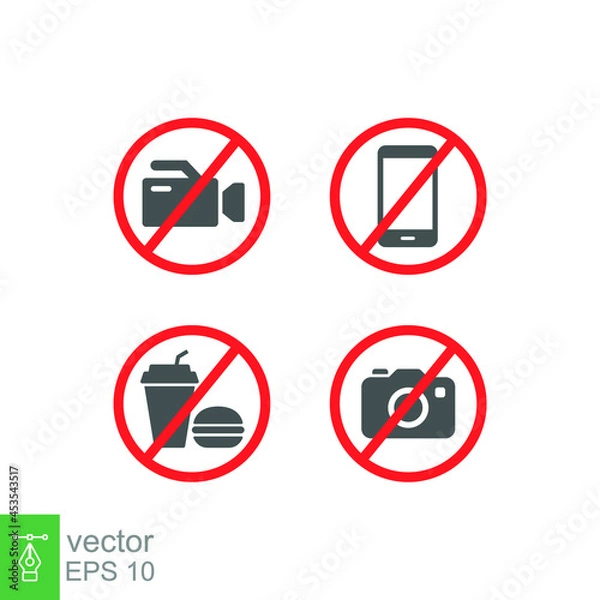 Fototapeta prohibition no camera, no mobile phone, no video recording, no food and drink signboard icon. flat style. Prohibited Stop fast food warning sign. vector illustration design on white background. EPS 10