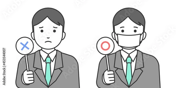 Obraz マスク着用を勧めるビジネスマンの線画イラスト