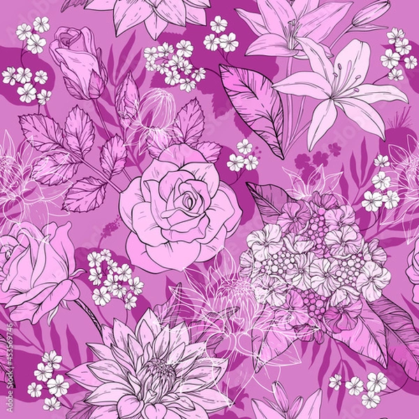 Fototapeta Pink monochrome hand draw seamless pattern with elegant flowers, blossoming floral elements