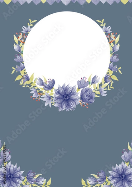 Fototapeta 青い花の花束　水彩イラスト　くすみカラー　レトロな花柄　テンプレート　ベクター素材