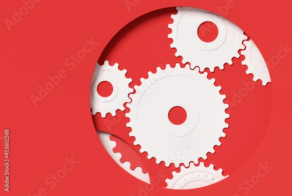 Obraz Many white gear cogs isolated on red background inside open circle; mechanical gears background; idea process or technology idea concept; flat lay, close up, top view; 3d rendering, 3d illustration