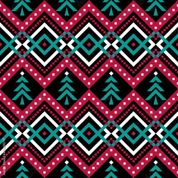 Fototapeta Christmas pattern with pine tree, holidays pattern with red and green color on black background 
