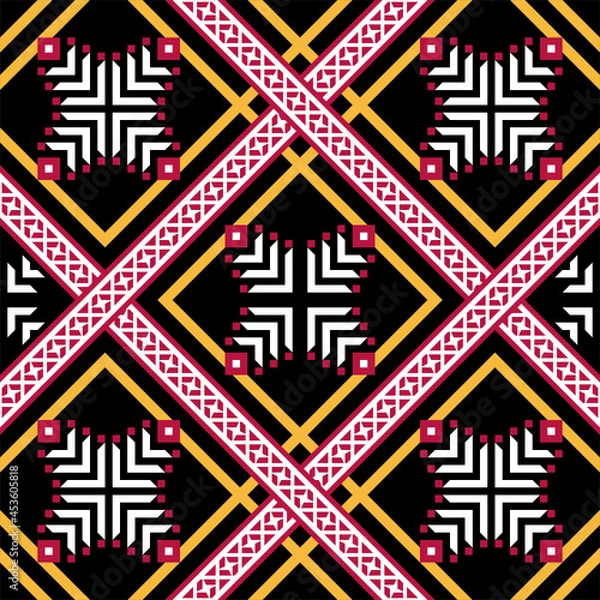 Fototapeta abstract seamless vector pattern , Red and yellow crossed line pattern on black background