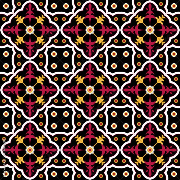 Fototapeta Red and yellow traditional pattern on black background