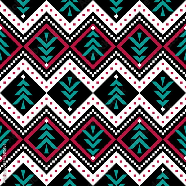 Fototapeta Christmas pattern with pine tree, holidays pattern with red and green color on black background 