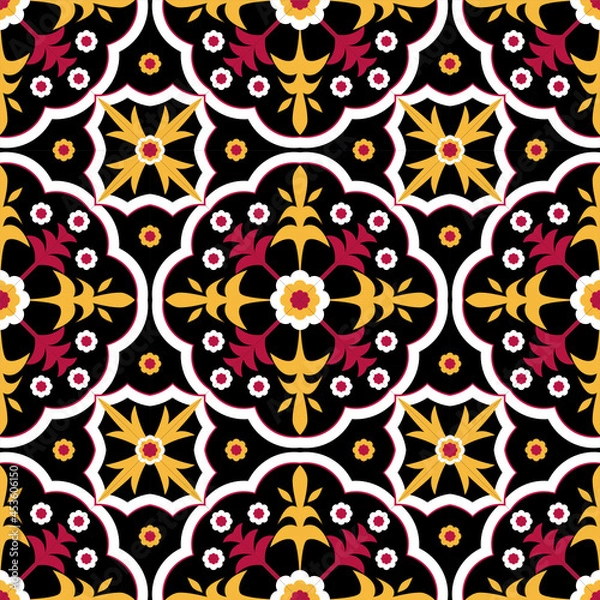 Fototapeta Red and yellow traditional pattern on black background