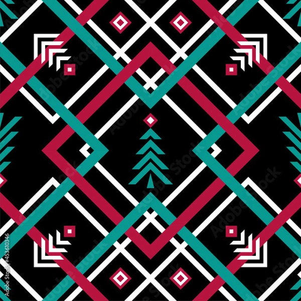 Obraz Red and green crossed line pattern on black background , crossed square seamless vector pattern, pine tree pattern
