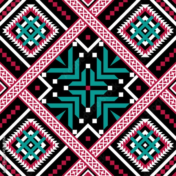 Fototapeta Red and green crossed line pattern on black background , crossed square seamless vector pattern, pine tree pattern