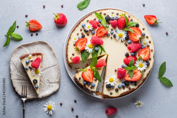 Fototapeta Cheesecake pie with fresh berries, strawberries, blueberries and blackberries and mint chamomiles in a round plate on a grey background.