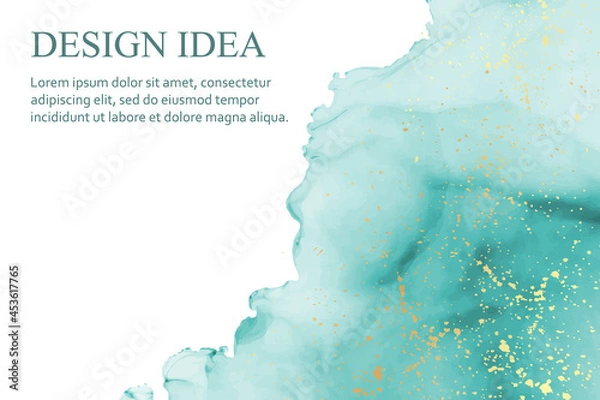 Fototapeta Modern watercolor background or elegant card design or wallpaper or poster with abstract teal ink waves and golden splashes on a white.