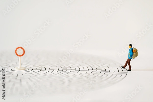 Obraz Miniature people Group of young tourist traveler traveling standing entrance of maze going around the world business trip traveler adviser agency or online world wide marketing new transportation 