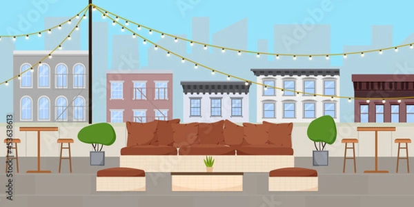 Fototapeta Flat vector illustration of rooftop terrace bar lounge with light bulb garlands at day time and cityscape with walk-up buildings and skyscrapers