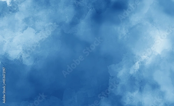 Obraz Blue watercolor background texture, painted abstract puffy blue and white clouds illustration or textured watercolor design with brush stroke blotches