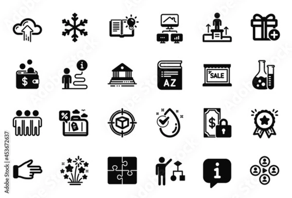 Obraz Vector Set of Business icons related to Algorithm, Cloud upload and Private payment icons. Product knowledge, Puzzle and Work home signs. Parcel tracking, Water drop and Sale. Click hand. Vector