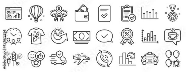 Fototapeta Set of Business icons, such as Approved message, Decreasing graph, Airplane icons. Balloon dart, Cash money, Share idea signs. Sharing economy, Transport insurance, Meeting time. Wallet. Vector