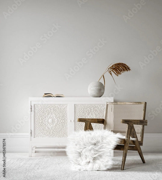 Fototapeta Minimalist Scandi Boho home interior mock-up with chest of drawers, chair and decor in living room, 3d render