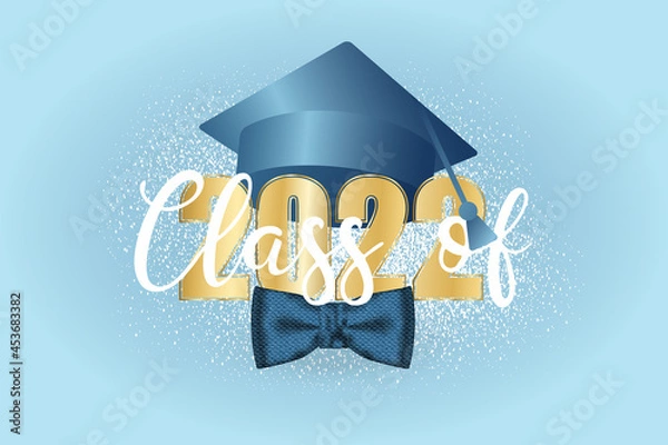 Fototapeta Class of 2022 wallpaper. Golden number and thrown up education academic cap and men bow tie on blue background. Template for graduation design. Vector illustration.