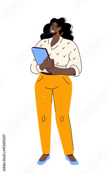Obraz African american happy business woman stands with a tablet in her hands. Plus size model. Vector illustration isolated on white background