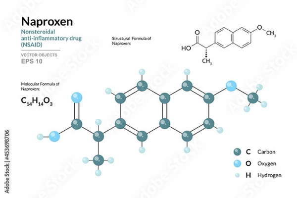 Fototapeta Naproxen. Nonsteroidal Anti-Inflammatory Drug (NSAID). C14H14O3. Structural Chemical Formula and Molecule 3d Model. Atoms with Color Coding. Vector Illustration