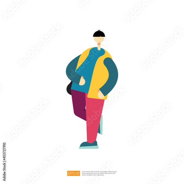 Fototapeta man or boy character standup with say hallo or hi explain gesture for business or education illustration