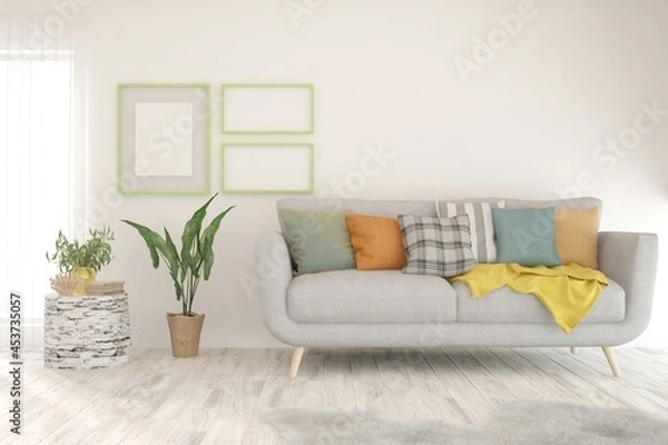 Fototapeta White living room with sofa. Scandinavian interior design. 3D illustration