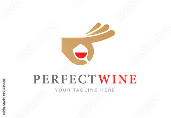 Fototapeta Elegant logo with glass of red wine and hand gesturing OK isolated on white background