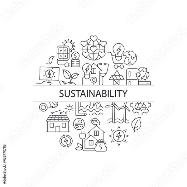 Fototapeta Sustainability abstract linear concept layout with headline. Power generation source. Sustainability minimalistic idea. Thin line graphic drawings. Isolated vector contour icons for background