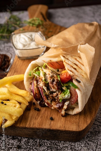 Obraz selective focus. doner kebab, a shawarma in a pit