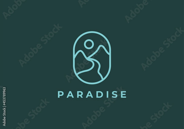 Fototapeta Emblem mountain and river landscape adventure logo icon vector template with linear line art style.
