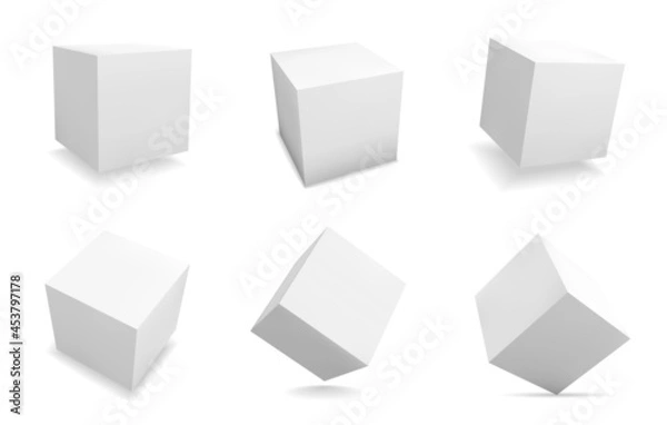 Fototapeta White 3D cubes. Realistic square shapes. Isolated abstract geometric blank figures set with shadow. View from different sides on box packaging template. Vector cubic forms collection