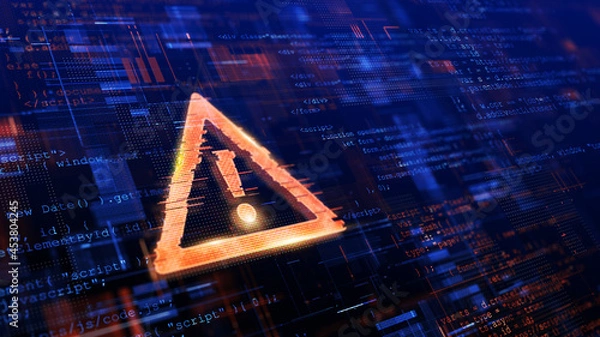 Obraz Hakowany komputer, błąd systemu, wirus, cyberatak, koncepcja złośliwego oprogramowania. Symbol niebezpieczeństwa. Renderowanie 3D.
